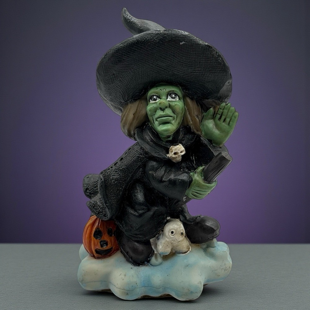 K's Collection Witch‎ Figurine Flying On Broom Halloween Ghost Pumpkin VTG Read